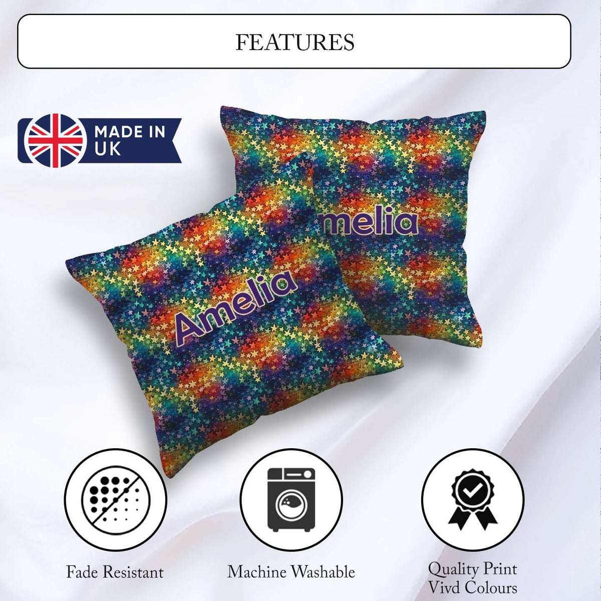 Custom Name Rainbow Galaxy Butterfly Stars Cosmic Burst Seamless Square Filled Cushion Throw Pillow Sofa Bed Home Decor Zip Washable UK Made