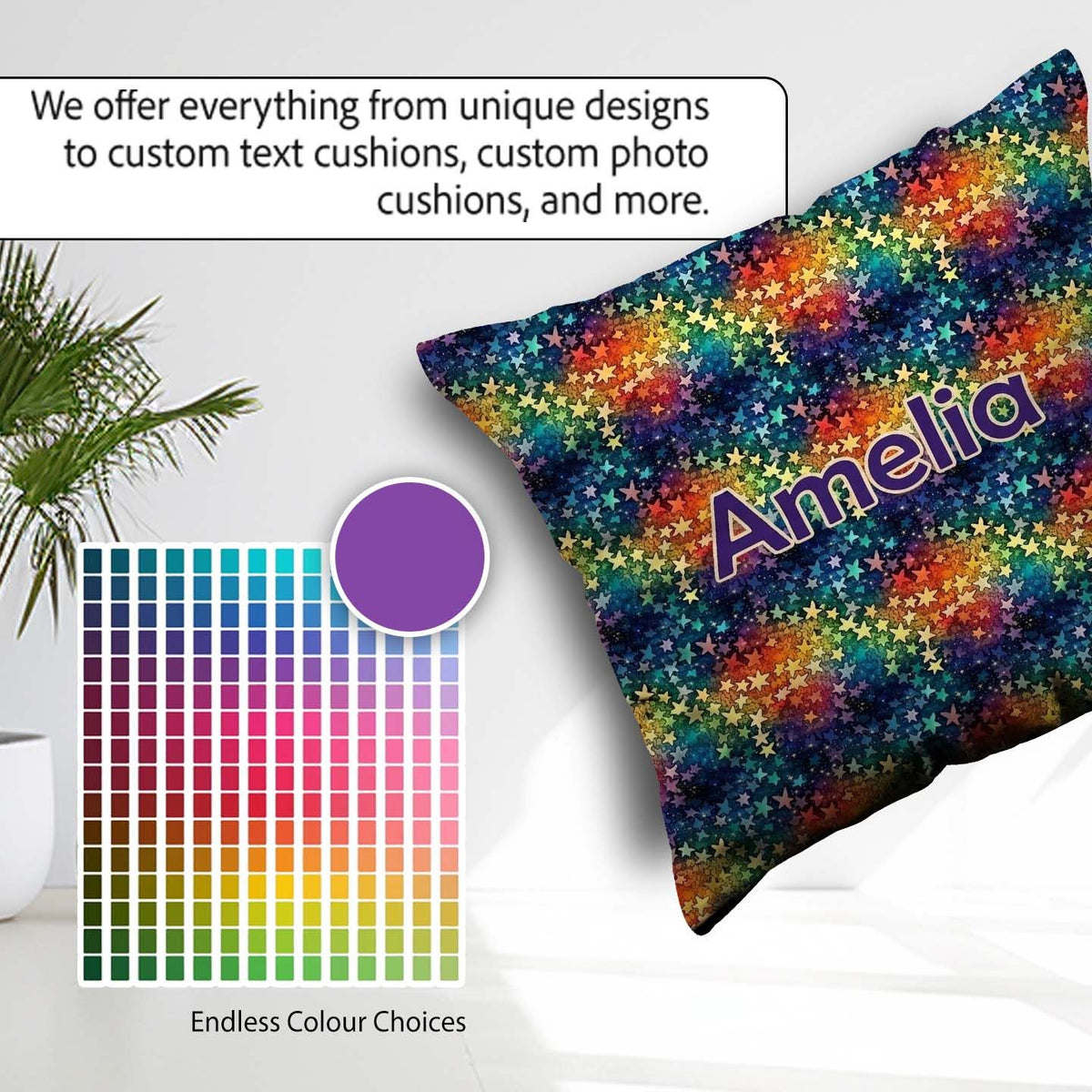 Custom Name Rainbow Galaxy Butterfly Stars Cosmic Burst Seamless Square Filled Cushion Throw Pillow Sofa Bed Home Decor Zip Washable UK Made