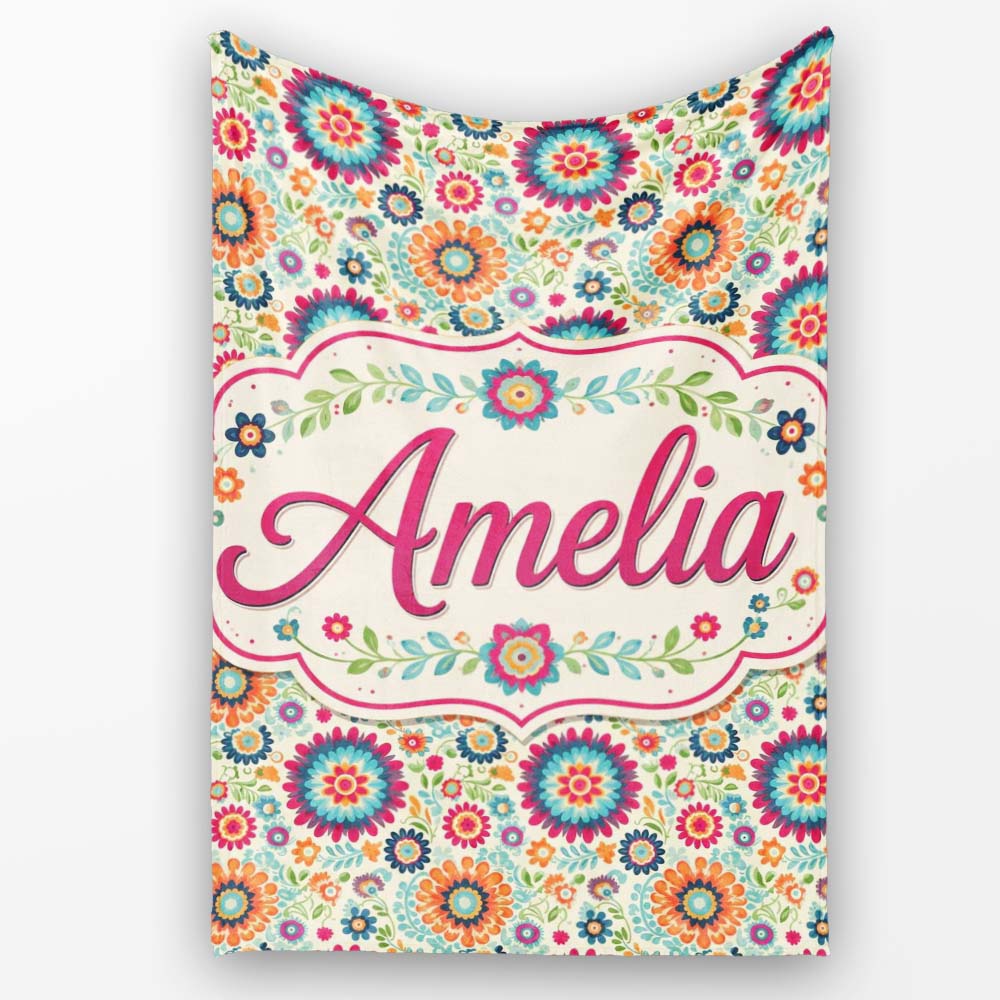 Bright Folk Art Floral Ditsy Pattern Colorful Flowers Seamless Name  Personalised Custom Name Super Soft Fleece Blanket Bed Sofa Throw