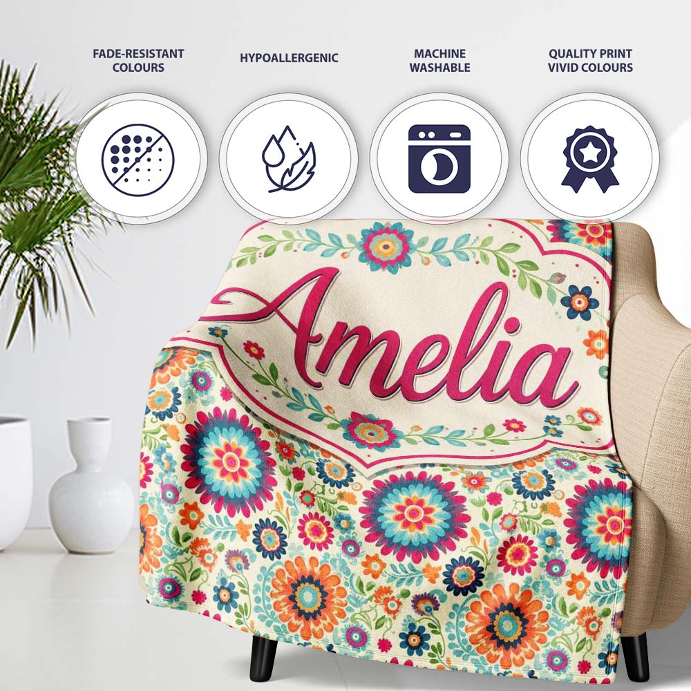 Bright Folk Art Floral Ditsy Pattern Colorful Flowers Seamless Name  Personalised Custom Name Super Soft Fleece Blanket Bed Sofa Throw