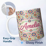 Personalized Custom Name Bright Folk Art Floral Ditsy Pattern Colorful Flowers Seamless Name 11oz Ceramic Coffee Tea Mug White Large Handle