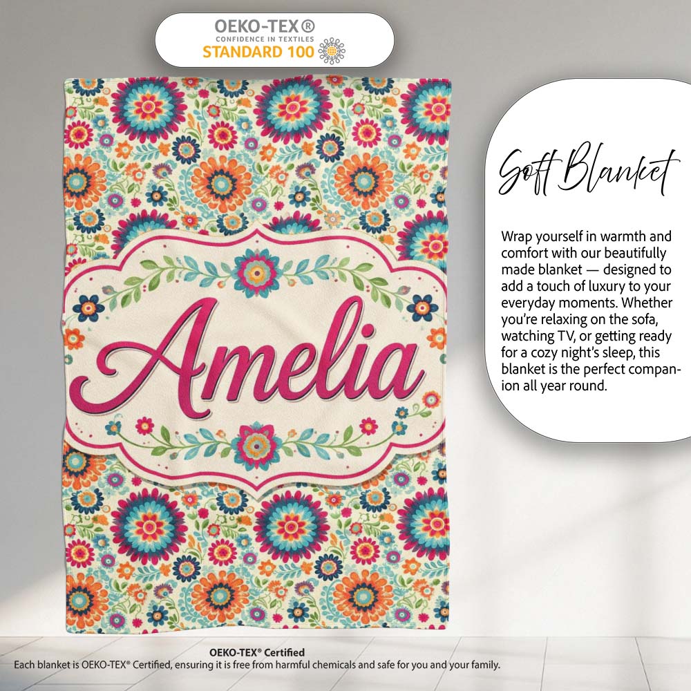 Bright Folk Art Floral Ditsy Pattern Colorful Flowers Seamless Name  Personalised Custom Name Super Soft Fleece Blanket Bed Sofa Throw
