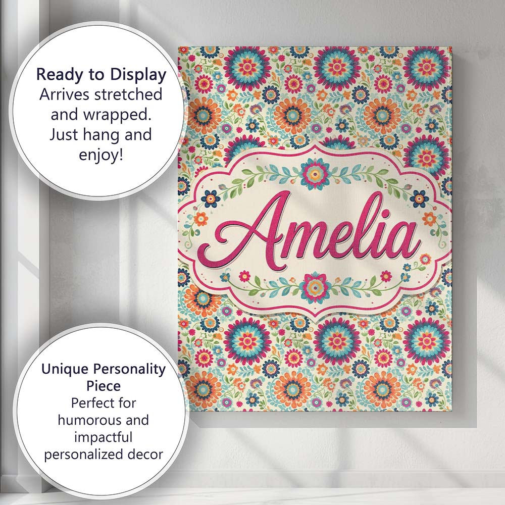 Personalised Name Bright Folk Floral Custom  Contemporary Display Elegant Feature Canvas Wall Art Print Decor Picture Ready to Hang