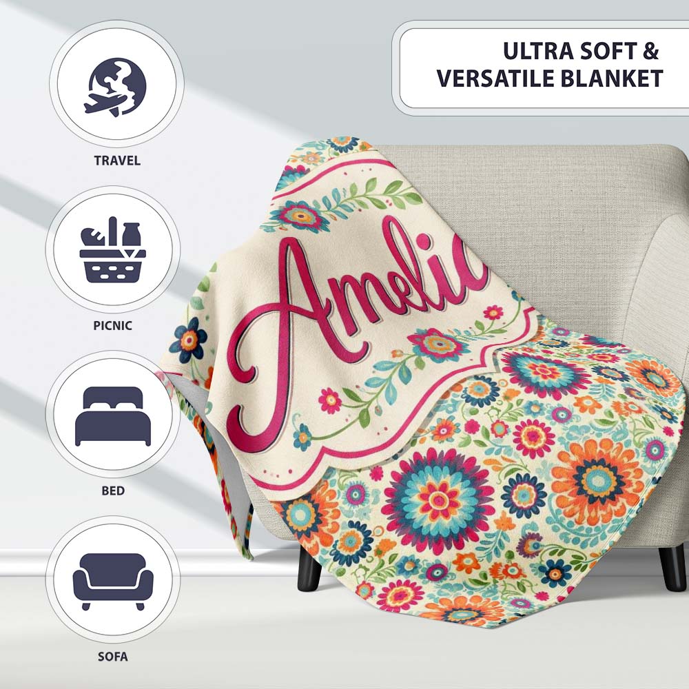 Bright Folk Art Floral Ditsy Pattern Colorful Flowers Seamless Name  Personalised Custom Name Super Soft Fleece Blanket Bed Sofa Throw