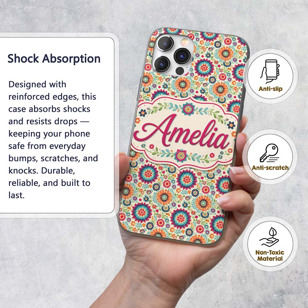 Bright Folk Art Floral Ditsy Pattern Colorful Custom Name Protective Phone Case Mobile Cover Durable Everyday Smartphone Shock Resistant