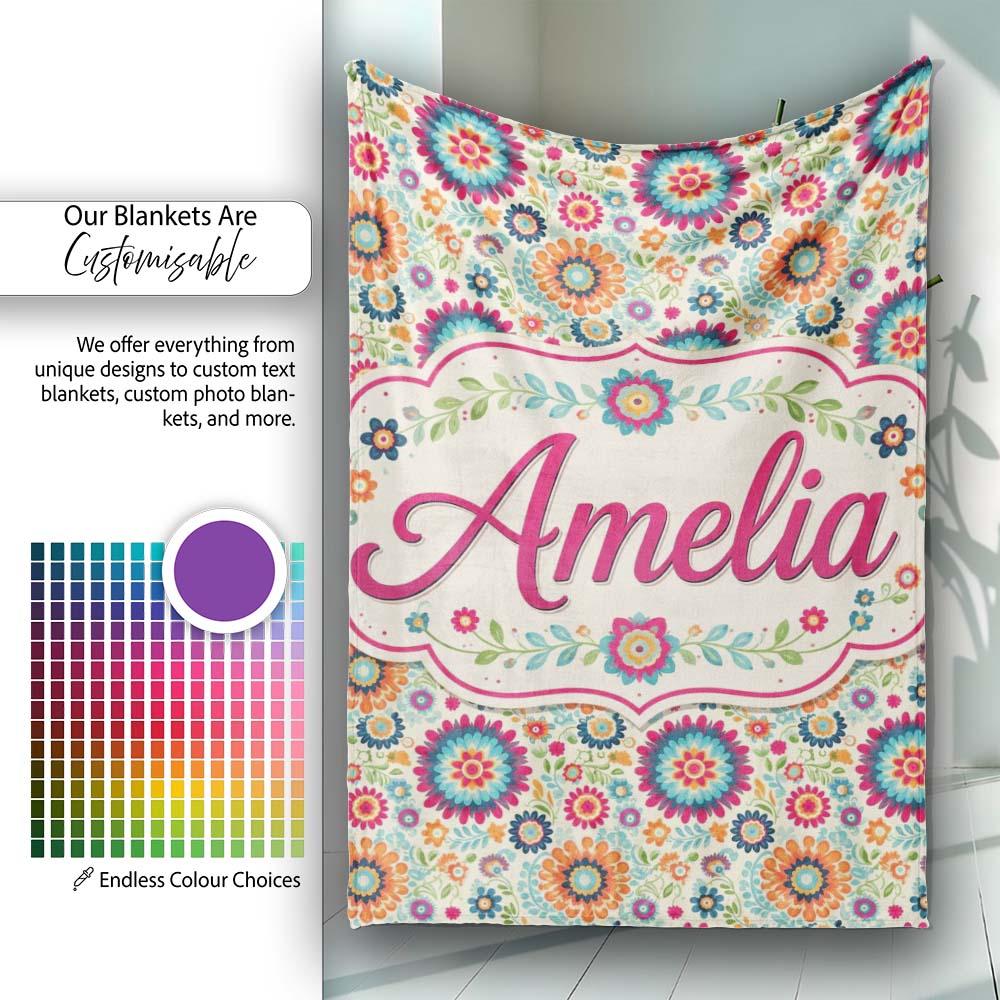 Bright Folk Art Floral Ditsy Pattern Colorful Flowers Seamless Name  Personalised Custom Name Super Soft Fleece Blanket Bed Sofa Throw