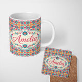 Personalized Custom Name Boho Floral Folk Garden Vibrant Bloom Seamless Pattern Name Cute 11oz Ceramic Coffee Tea Mug White Large Handle