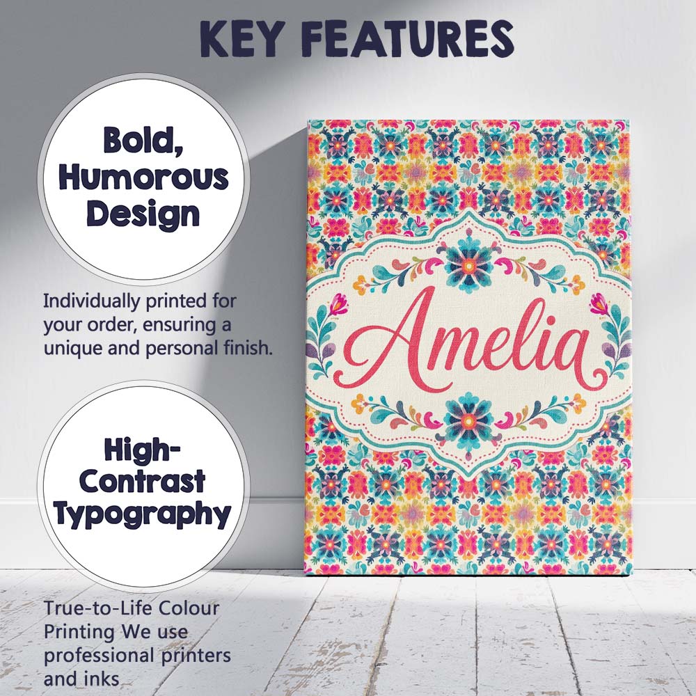 Personalised Name Boho Floral Folk Garden Custom  Unique Gift Idea Elegant Feature Canvas Wall Art Print Decor Picture Ready to Hang