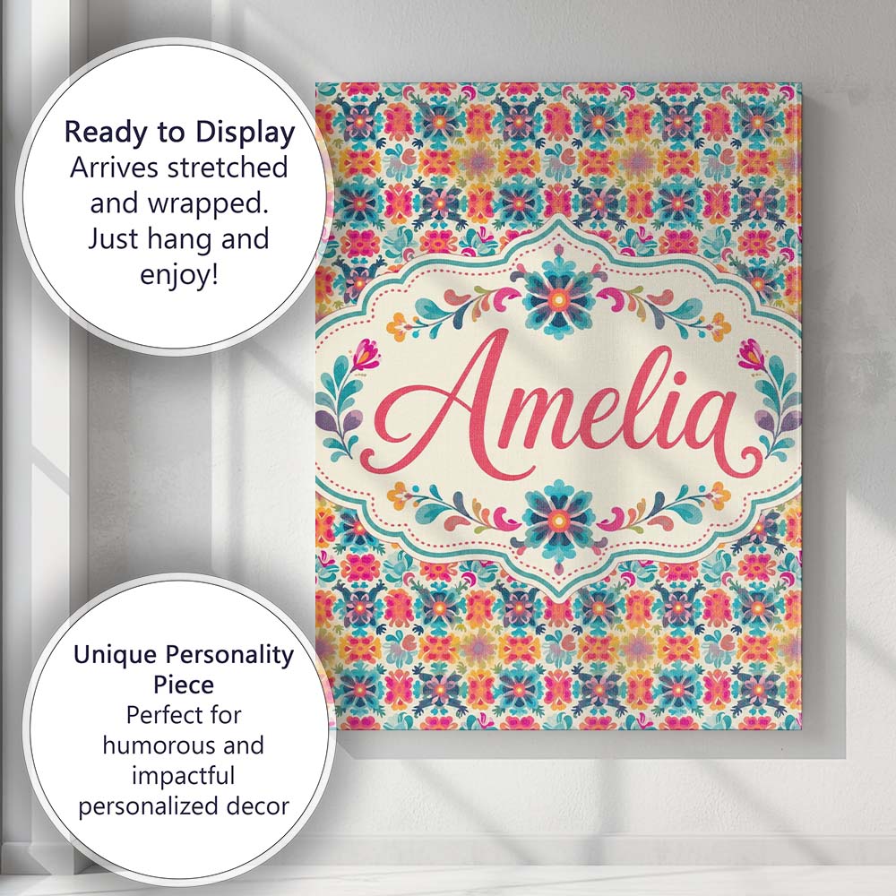 Personalised Name Boho Floral Folk Garden Custom  Unique Gift Idea Elegant Feature Canvas Wall Art Print Decor Picture Ready to Hang