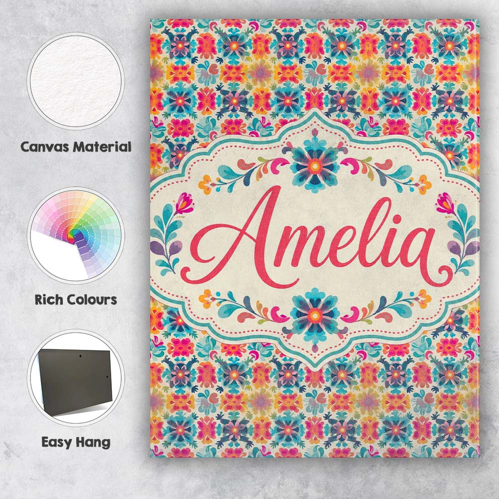 Personalised Name Boho Floral Folk Garden Custom  Unique Gift Idea Elegant Feature Canvas Wall Art Print Decor Picture Ready to Hang