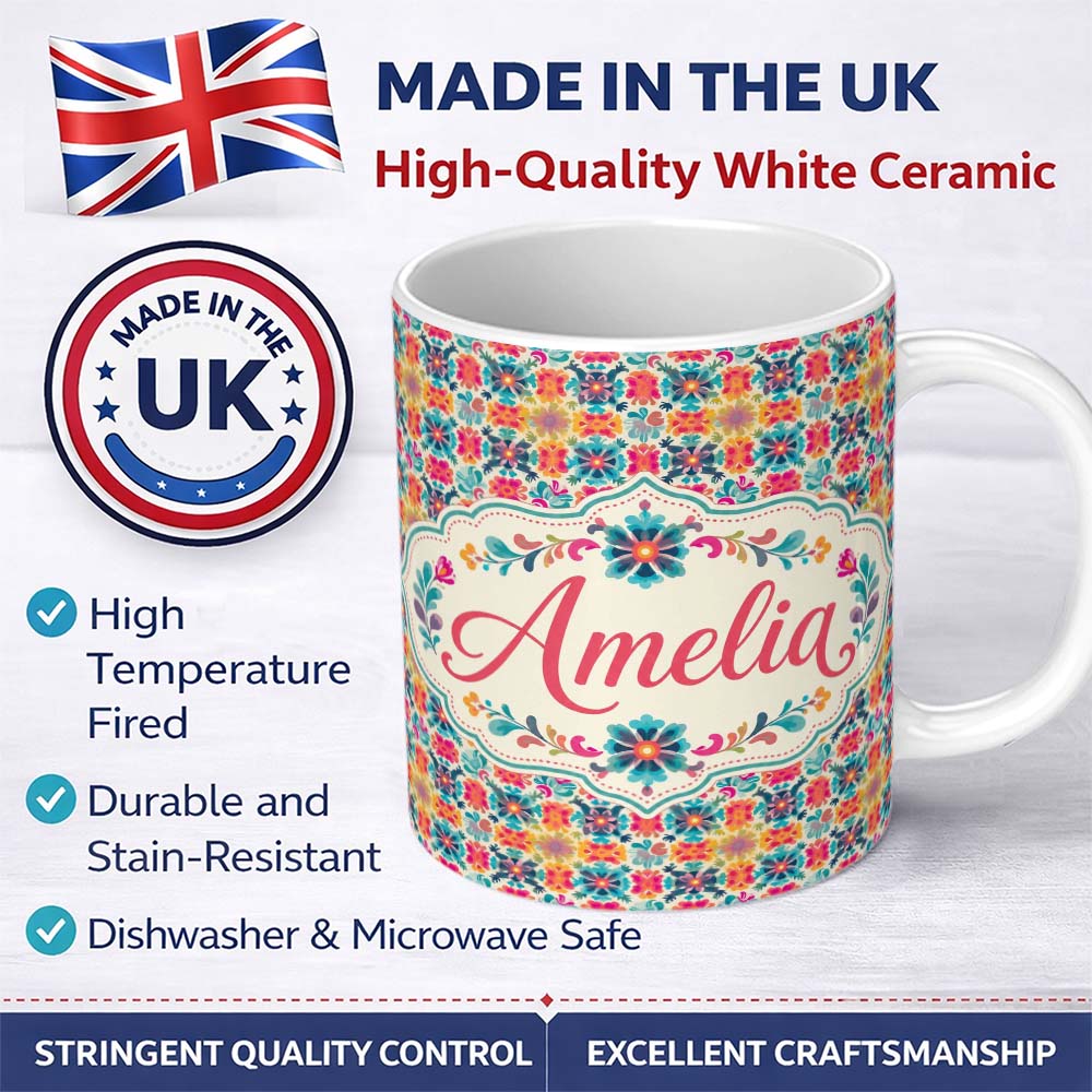 Personalized Custom Name Boho Floral Folk Garden Vibrant Bloom Seamless Pattern Name Cute 11oz Ceramic Coffee Tea Mug White Large Handle