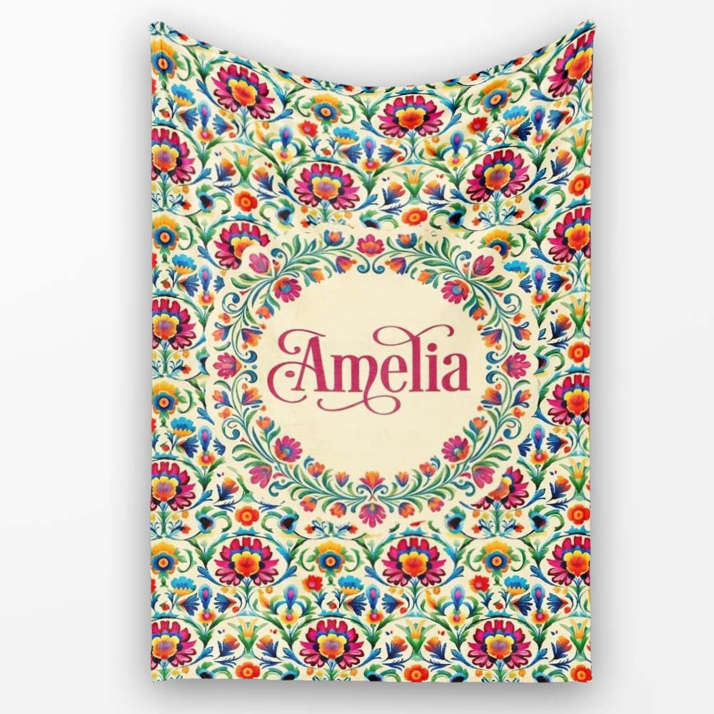 Scandinavian Folk Floral Meadow Bright Flowers Seamless Pattern  Personalised Custom Name Super Soft Fleece Blanket Bed Sofa Throw