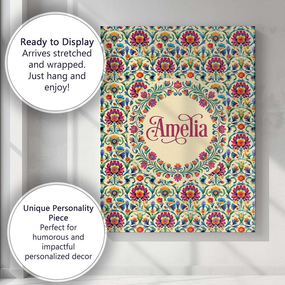 Personalised Name Scandinavian Folk Floral Custom  Unique Gift Idea Elegant Feature Canvas Wall Art Print Decor Picture Ready to Hang