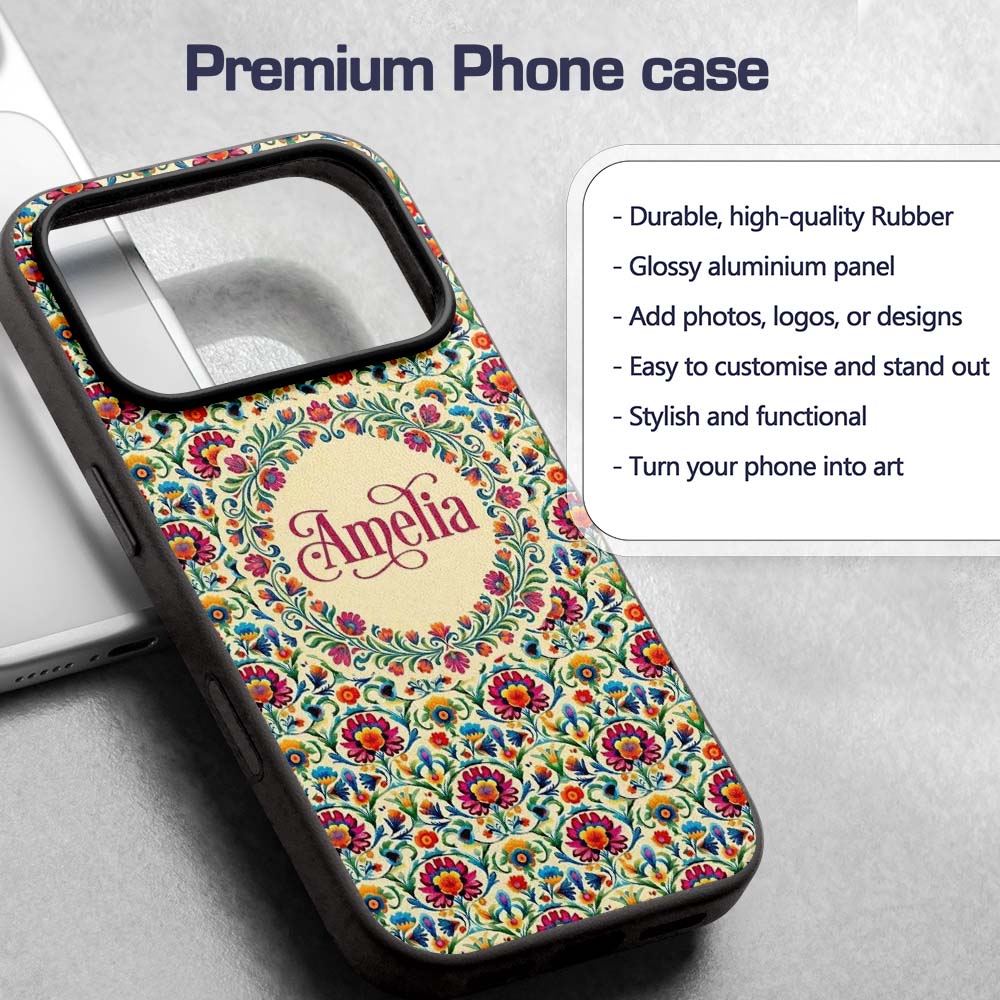 Scandinavian Folk Floral Meadow Bright Flowers Custom Name Protective Phone Case Mobile Cover Durable Everyday Smartphone Shock Resistant