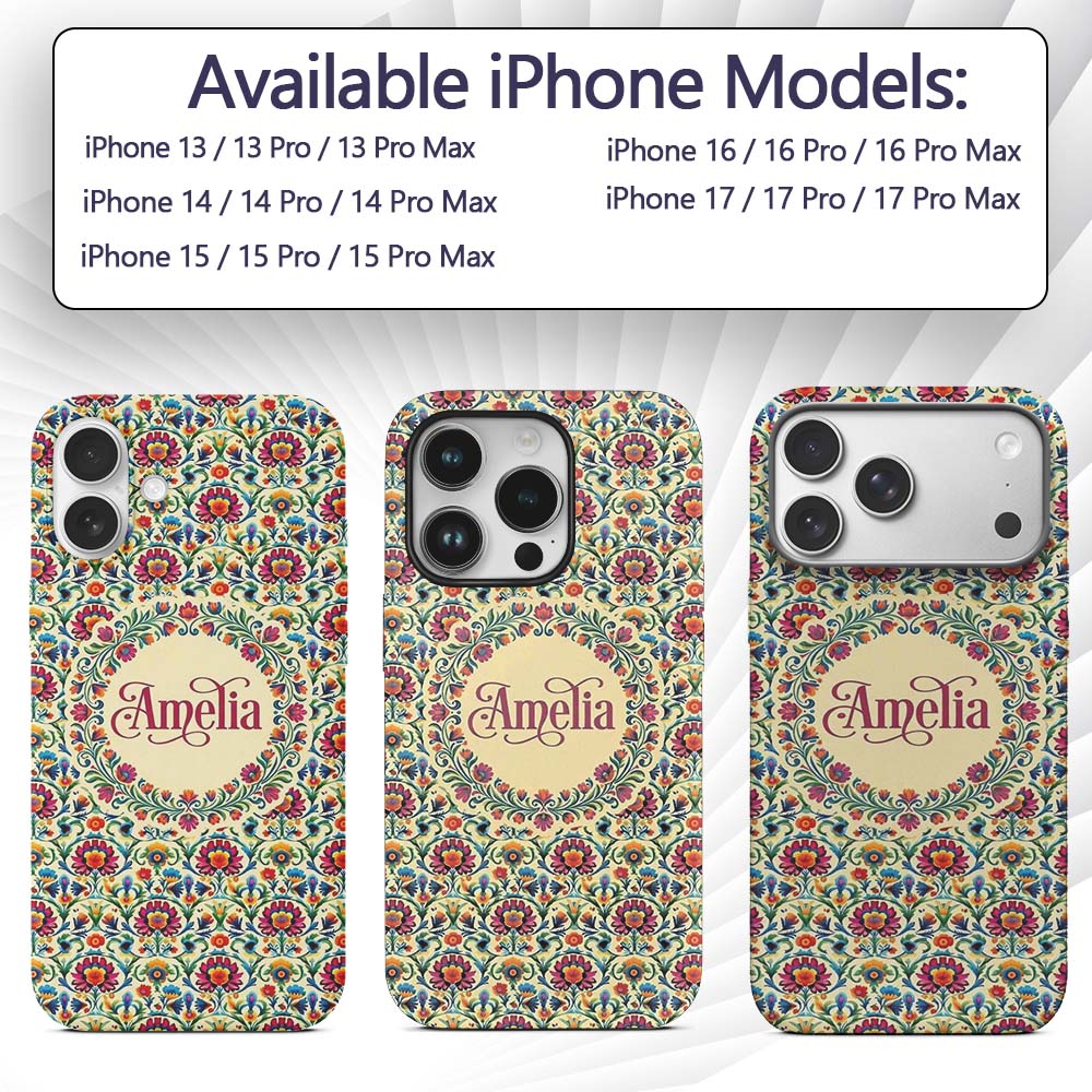 Scandinavian Folk Floral Meadow Bright Flowers Custom Name Protective Phone Case Mobile Cover Durable Everyday Smartphone Shock Resistant