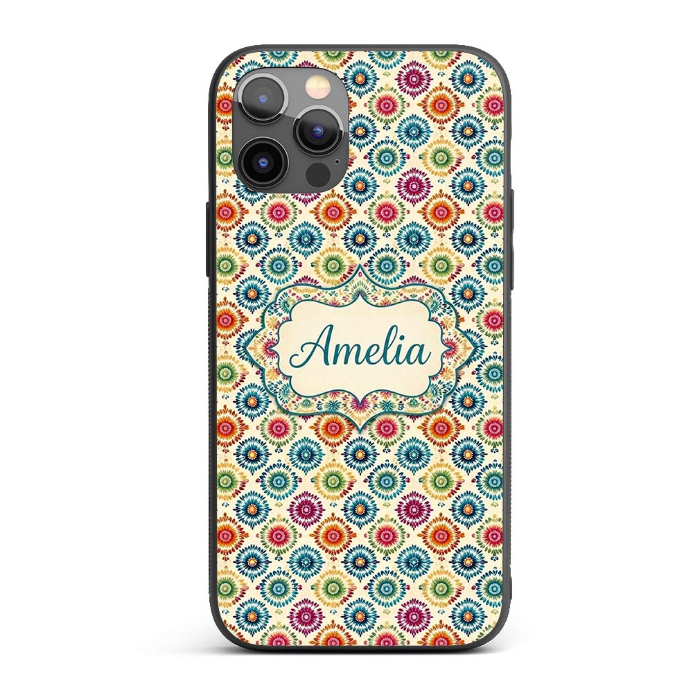 Colorful Folk Floral Medallion Style Seamless Custom Name Protective Phone Case Mobile Cover Durable Everyday Smartphone Shock Resistant