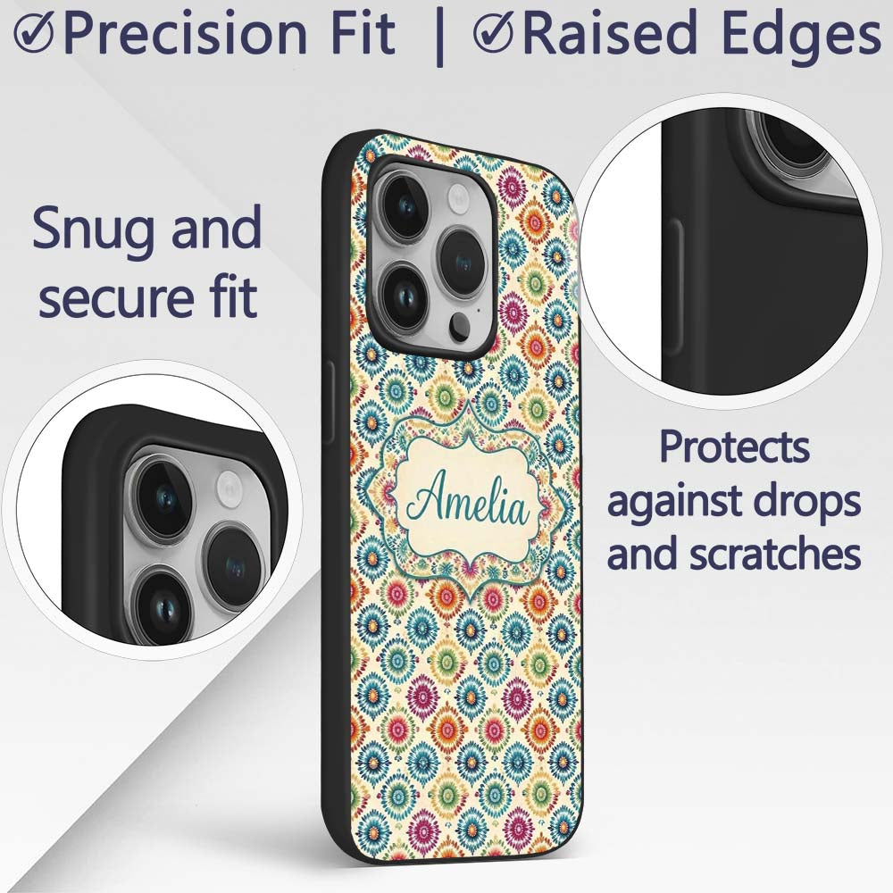 Colorful Folk Floral Medallion Style Seamless Custom Name Protective Phone Case Mobile Cover Durable Everyday Smartphone Shock Resistant