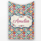 Bohemian Floral Tile Symmetry Vibrant Garden Seamless Pattern Name  Personalised Custom Name Super Soft Fleece Blanket Bed Sofa Throw