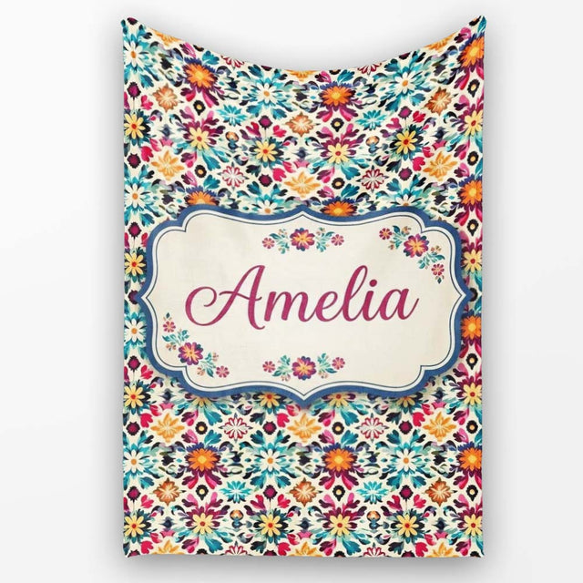 Bohemian Floral Tile Symmetry Vibrant Garden Seamless Pattern Name  Personalised Custom Name Super Soft Fleece Blanket Bed Sofa Throw