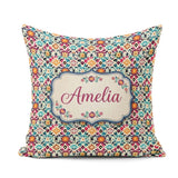 Custom Name Bohemian Floral Tile Symmetry Vibrant Garden Pattern Square Filled Cushion Throw Pillow Sofa Bed Home Decor Zip Washable UK Made