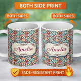 Personalized Custom Name Bohemian Floral Tile Symmetry Vibrant Garden Seamless Pattern Name 11oz Ceramic Coffee Tea Mug White Large Handle