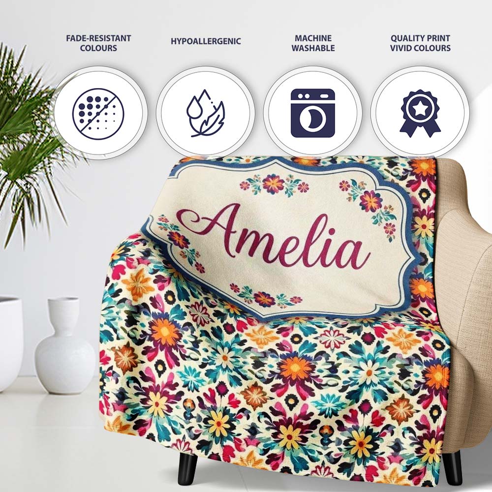 Bohemian Floral Tile Symmetry Vibrant Garden Seamless Pattern Name  Personalised Custom Name Super Soft Fleece Blanket Bed Sofa Throw