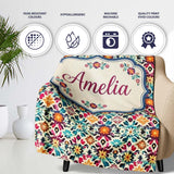 Bohemian Floral Tile Symmetry Vibrant Garden Seamless Pattern Name  Personalised Custom Name Super Soft Fleece Blanket Bed Sofa Throw
