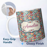 Personalized Custom Name Bohemian Floral Tile Symmetry Vibrant Garden Seamless Pattern Name 11oz Ceramic Coffee Tea Mug White Large Handle
