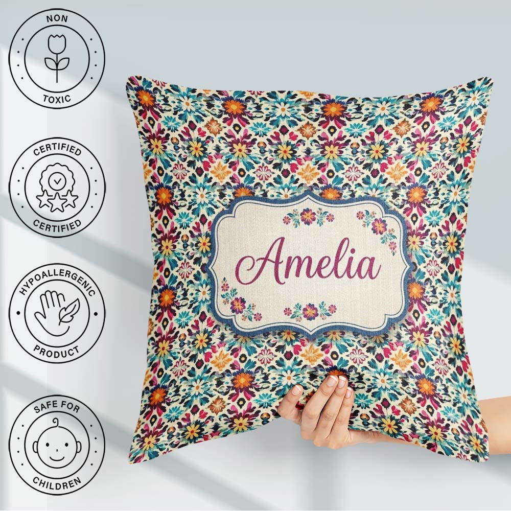 Custom Name Bohemian Floral Tile Symmetry Vibrant Garden Pattern Square Filled Cushion Throw Pillow Sofa Bed Home Decor Zip Washable UK Made