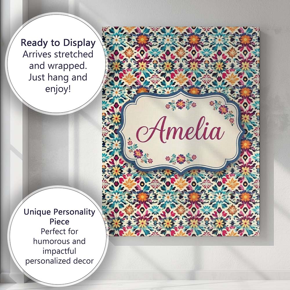 Personalised Name Bohemian Floral Tile Custom  Modern Room Accent Elegant Feature Canvas Wall Art Print Decor Picture Ready to Hang