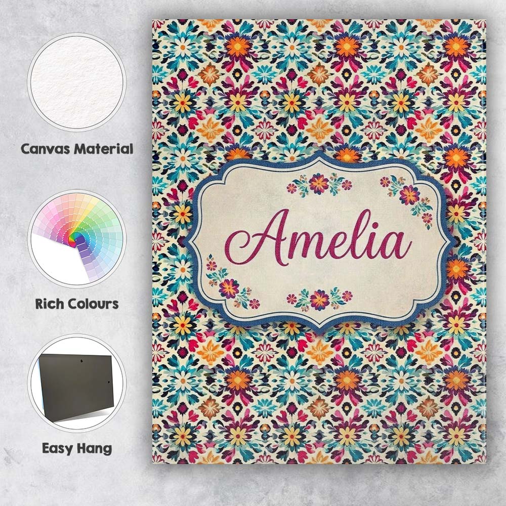 Personalised Name Bohemian Floral Tile Custom  Modern Room Accent Elegant Feature Canvas Wall Art Print Decor Picture Ready to Hang