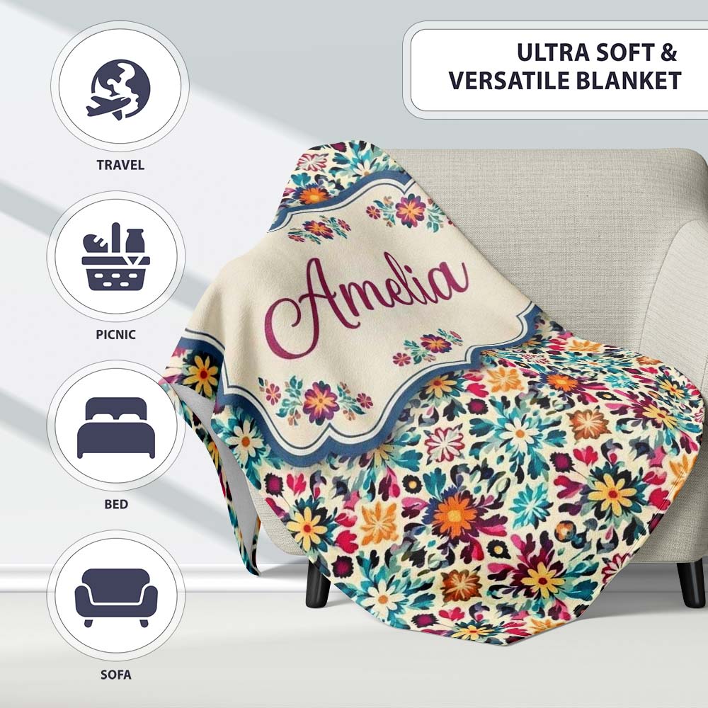 Bohemian Floral Tile Symmetry Vibrant Garden Seamless Pattern Name  Personalised Custom Name Super Soft Fleece Blanket Bed Sofa Throw