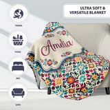 Bohemian Floral Tile Symmetry Vibrant Garden Seamless Pattern Name  Personalised Custom Name Super Soft Fleece Blanket Bed Sofa Throw
