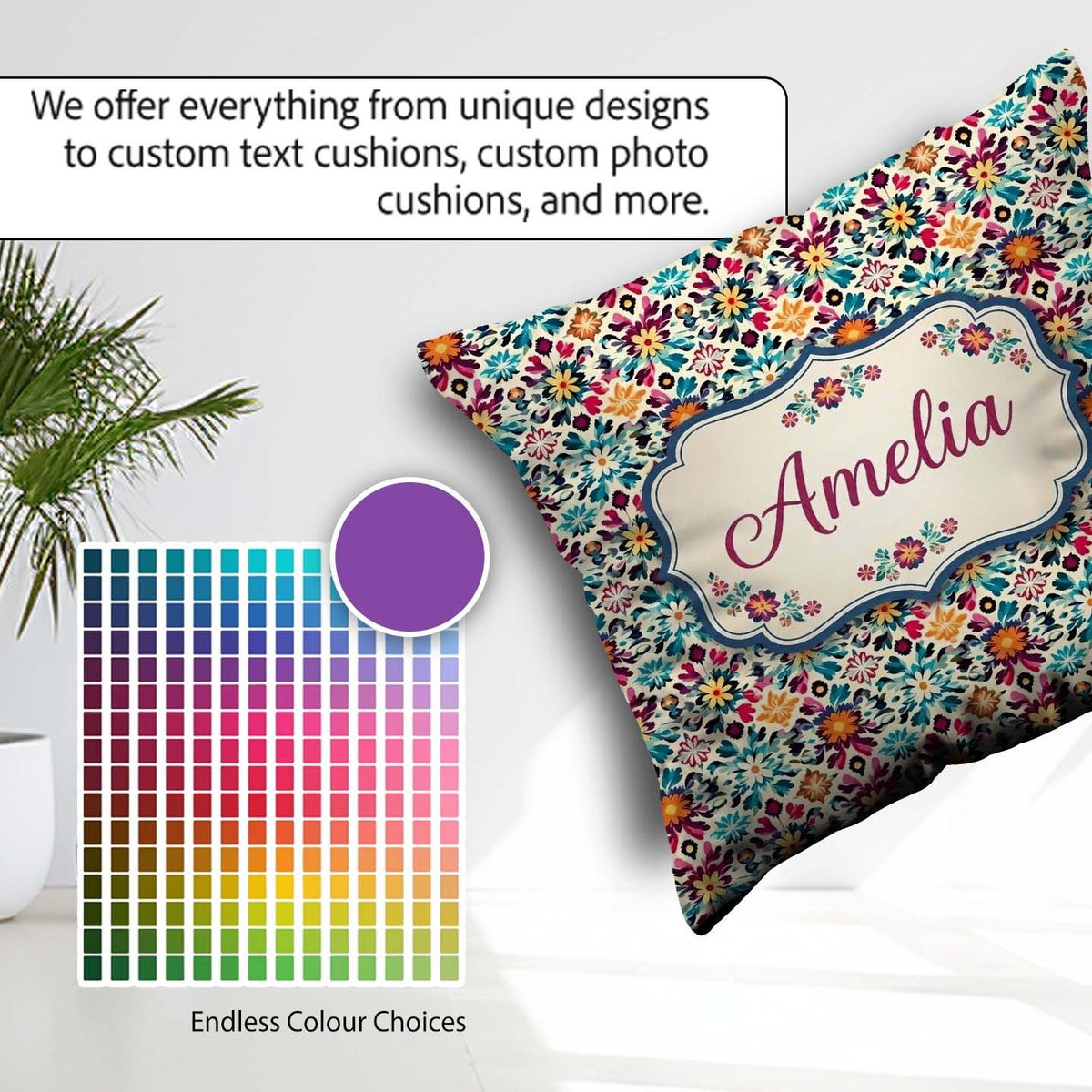 Custom Name Bohemian Floral Tile Symmetry Vibrant Garden Pattern Square Filled Cushion Throw Pillow Sofa Bed Home Decor Zip Washable UK Made