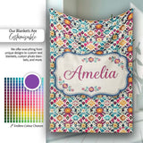 Bohemian Floral Tile Symmetry Vibrant Garden Seamless Pattern Name  Personalised Custom Name Super Soft Fleece Blanket Bed Sofa Throw