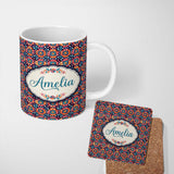 Personalized Custom Name Bold Folk Floral Night Garden Bright Blossoms Seamless Pattern Name 11oz Ceramic Coffee Tea Mug White Large Handle