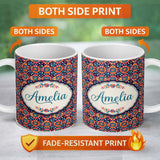 Personalized Custom Name Bold Folk Floral Night Garden Bright Blossoms Seamless Pattern Name 11oz Ceramic Coffee Tea Mug White Large Handle