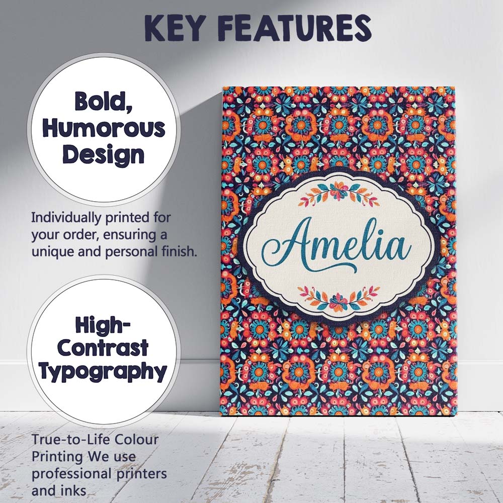 Personalised Name Bold Folk Floral Night Custom  Unique Gift Idea Elegant Feature Canvas Wall Art Print Decor Picture Ready to Hang