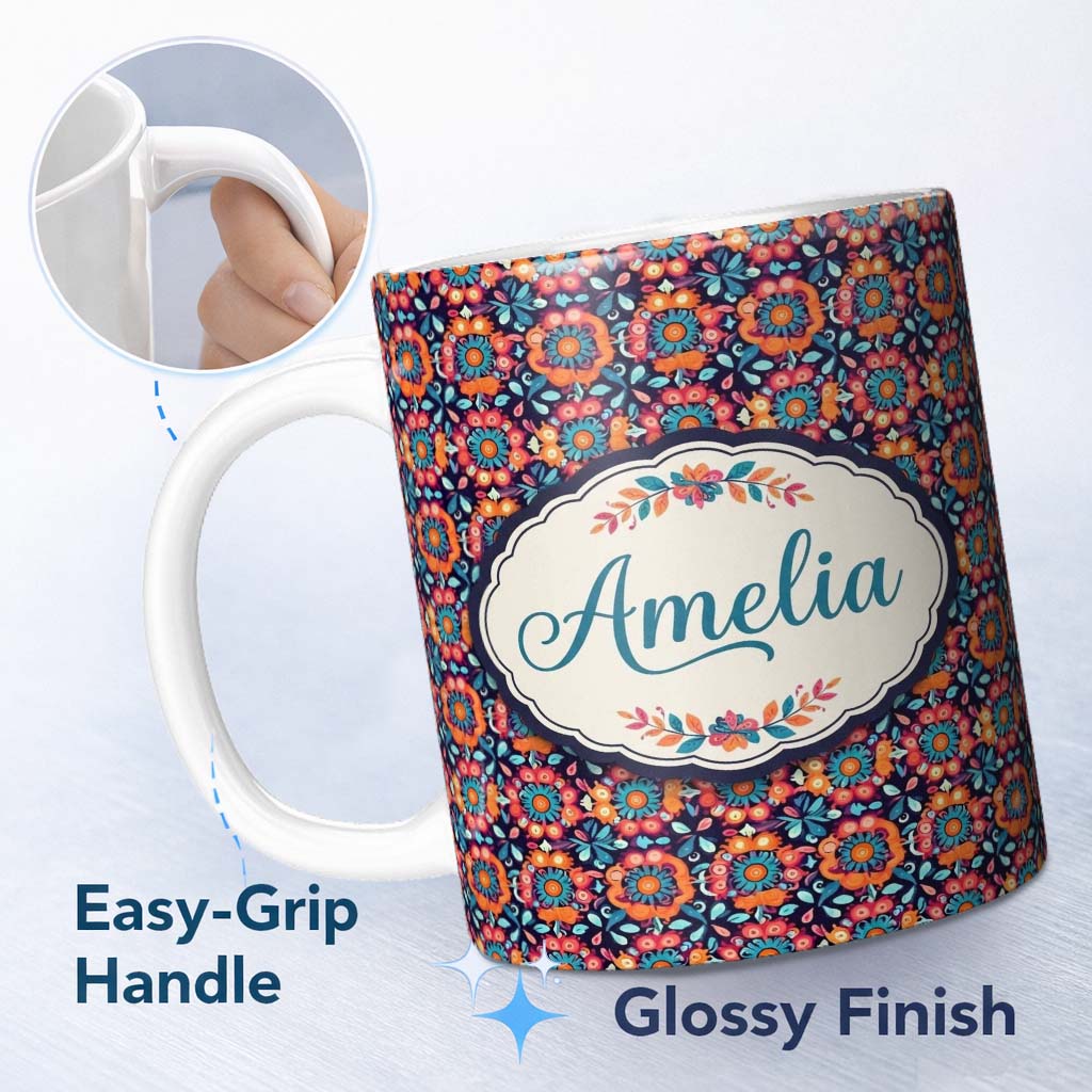 Personalized Custom Name Bold Folk Floral Night Garden Bright Blossoms Seamless Pattern Name 11oz Ceramic Coffee Tea Mug White Large Handle