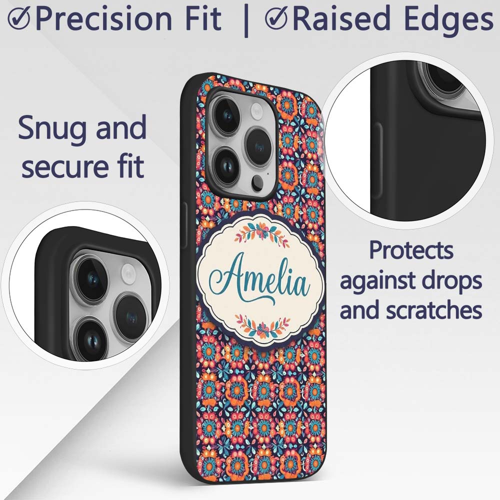 Bold Folk Floral Night Garden Bright Blossoms Custom Name Protective Phone Case Mobile Cover Durable Everyday Smartphone Shock Resistant