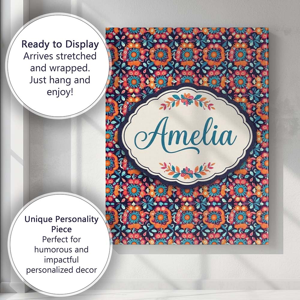 Personalised Name Bold Folk Floral Night Custom  Unique Gift Idea Elegant Feature Canvas Wall Art Print Decor Picture Ready to Hang