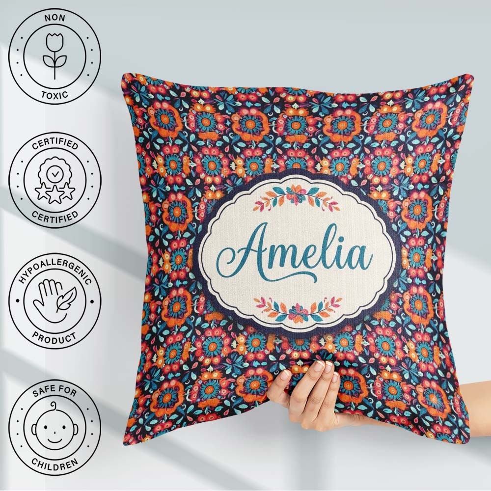 Custom Name Bold Folk Floral Night Garden Blossoms Seamless Name Square Filled Cushion Throw Pillow Sofa Bed Home Decor Zip Washable UK Made