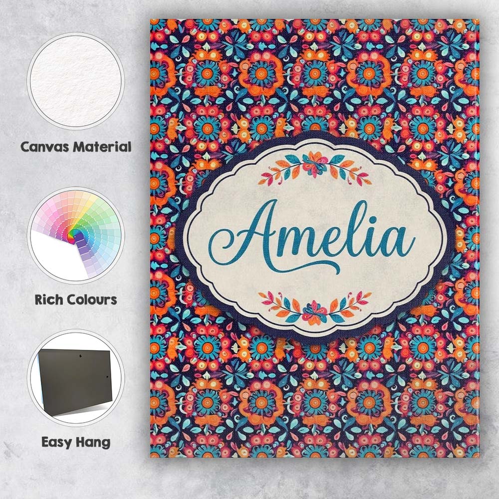 Personalised Name Bold Folk Floral Night Custom  Unique Gift Idea Elegant Feature Canvas Wall Art Print Decor Picture Ready to Hang