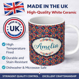 Personalized Custom Name Bold Folk Floral Night Garden Bright Blossoms Seamless Pattern Name 11oz Ceramic Coffee Tea Mug White Large Handle