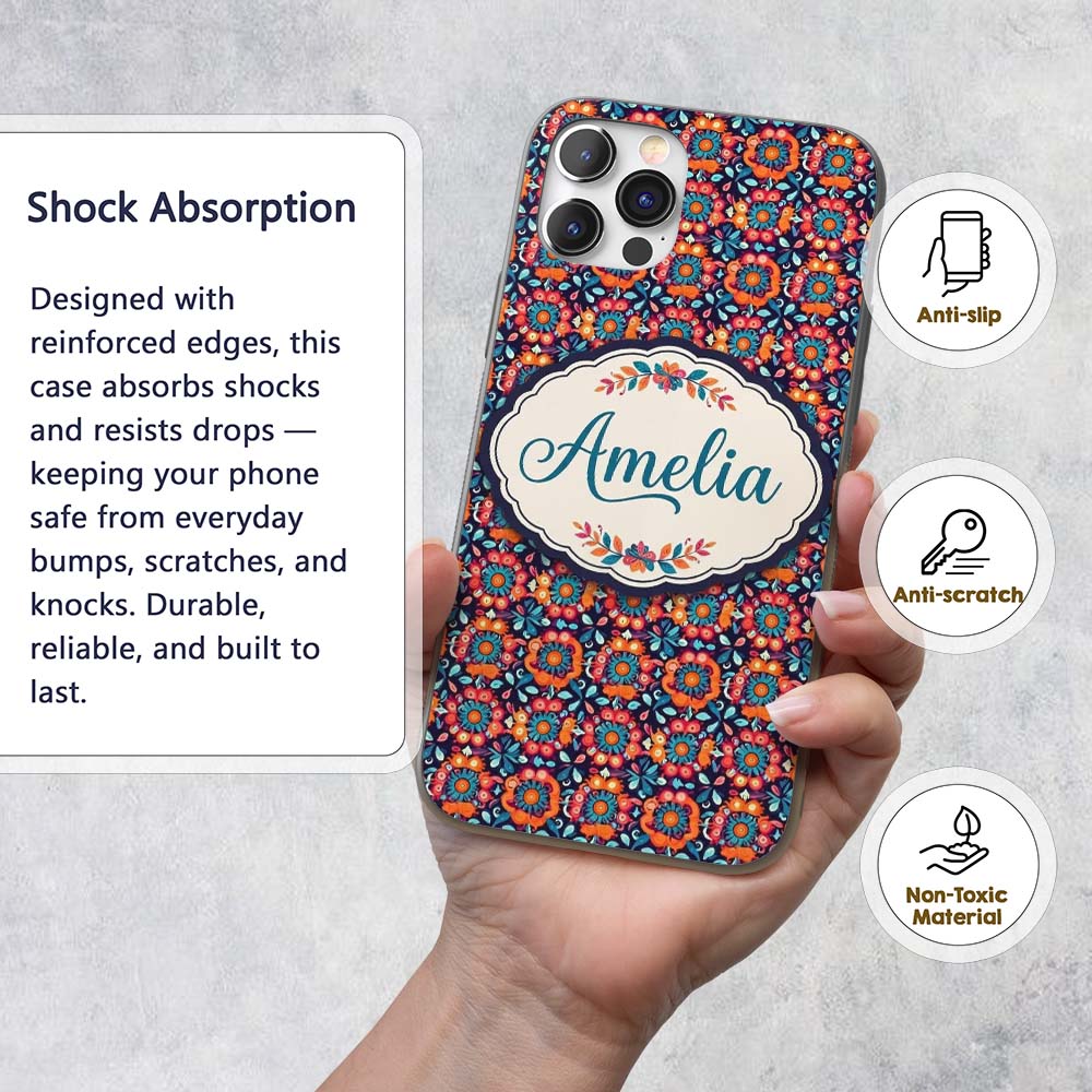 Bold Folk Floral Night Garden Bright Blossoms Custom Name Protective Phone Case Mobile Cover Durable Everyday Smartphone Shock Resistant