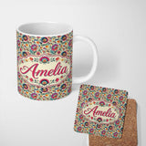 Personalized Custom Name Vintage Folk Art Botanical Garden Bloom Seamless Pattern Name Cute 11oz Ceramic Coffee Tea Mug White Large Handle