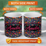 Personalized Custom Name Bright Neon Folk Floral Black Background Seamless Pattern Custom 11oz Ceramic Coffee Tea Mug White Large Handle