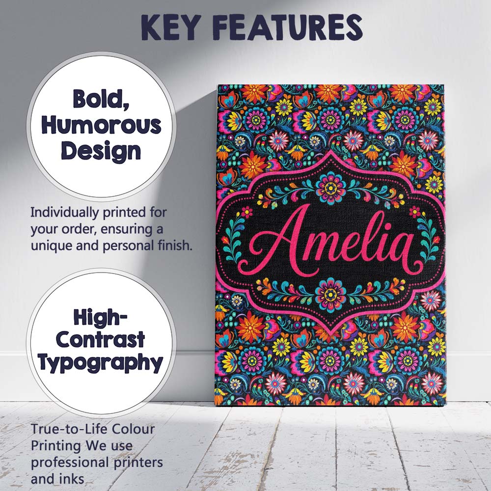 Personalised Name Bright Neon Folk Floral Custom  Unique Gift Idea Elegant Feature Canvas Wall Art Print Decor Picture Ready to Hang