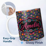 Personalized Custom Name Bright Neon Folk Floral Black Background Seamless Pattern Custom 11oz Ceramic Coffee Tea Mug White Large Handle