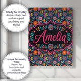 Personalised Name Bright Neon Folk Floral Custom  Unique Gift Idea Elegant Feature Canvas Wall Art Print Decor Picture Ready to Hang